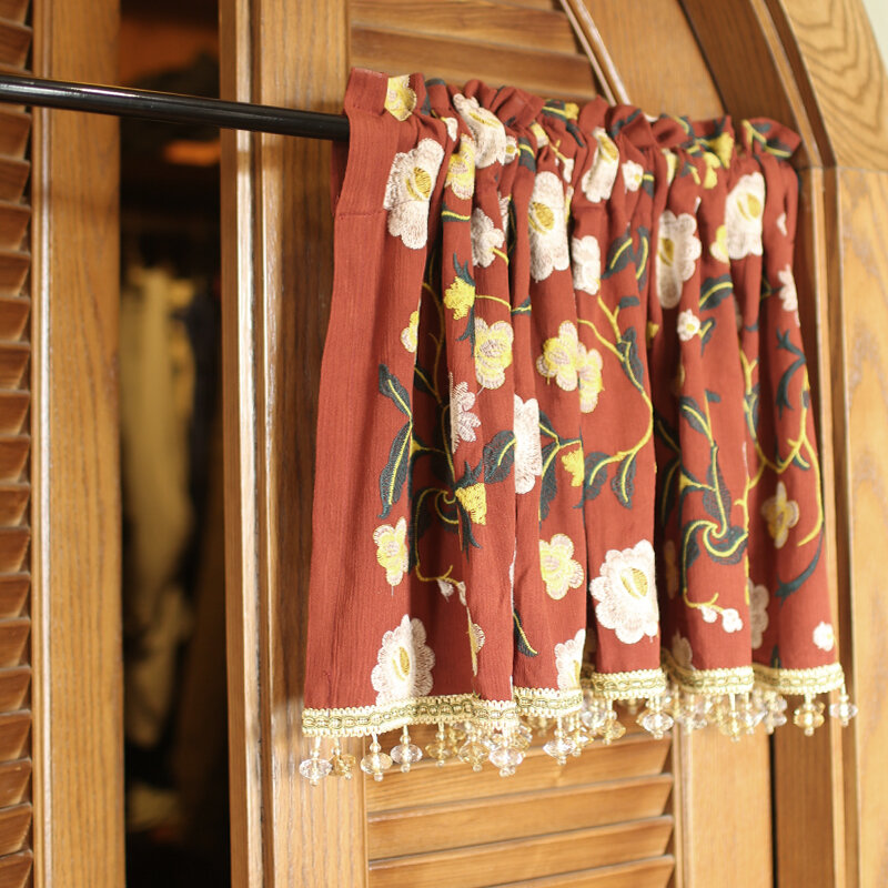 DUNXDECO-cortina corta para puerta de cocina, Cortinas de Estilo Vintage campestre, tela roja, bordado de Flora, decoración del hogar