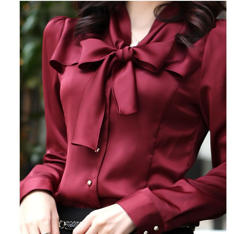Gran oferta coreano ropa de moda de gasa blusa de satén con arco de manga larga Tops y blusas para mujer Mori señoras camisa de la Oficina