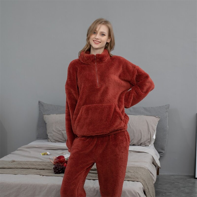 Nieuwe Winter Pyjama Vrouwen Coral Fleece Paar Pyjama Set Plus Dikke Warme Thuis Service Effen Half-Hoge Kraag Nachtkleding