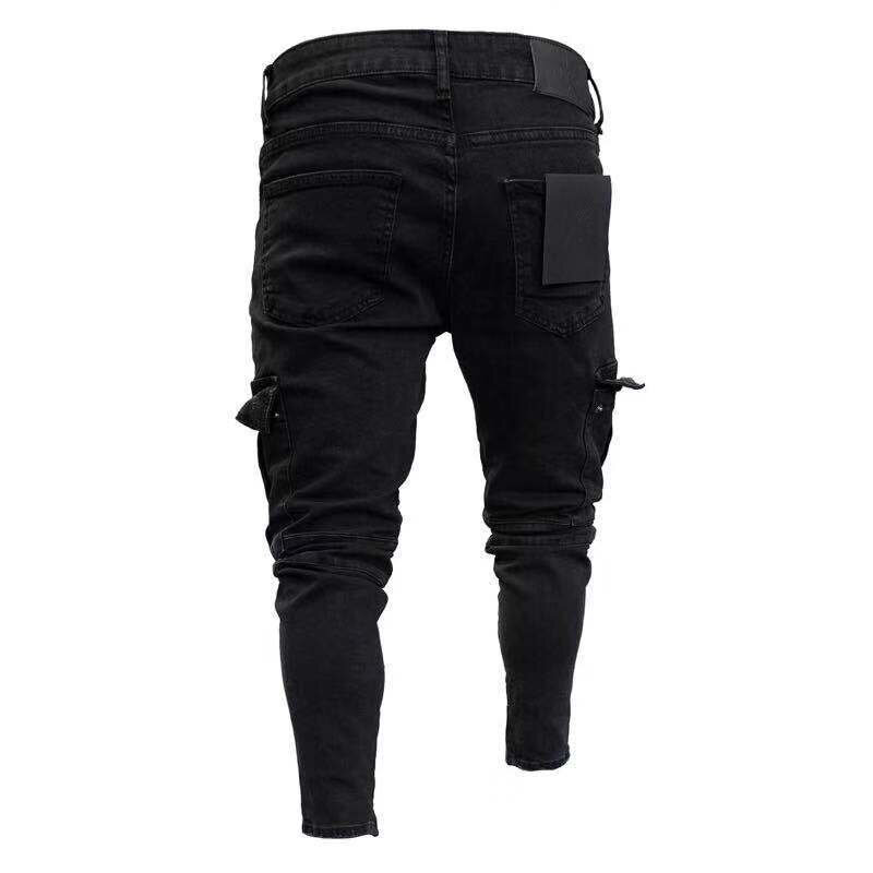 Homem biker rasgado calças de brim longas calças de brim magros calças de brim destruído elástico-calças pretas