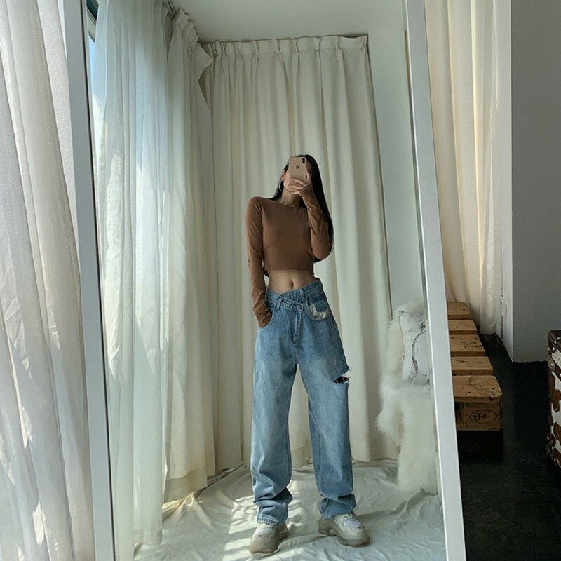 Karrram-Jeans reto assimétrico feminino, calça jeans solta, perna larga casual, streetwear para mamãe, buraco para cintura vintage, 2021