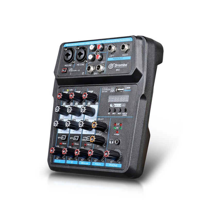 Debra M-4/6 Protable Mini Mixer Audio DJ Console con scheda Audio, USB, 48V Phantom Power per PC registrazione canto Webcast Party