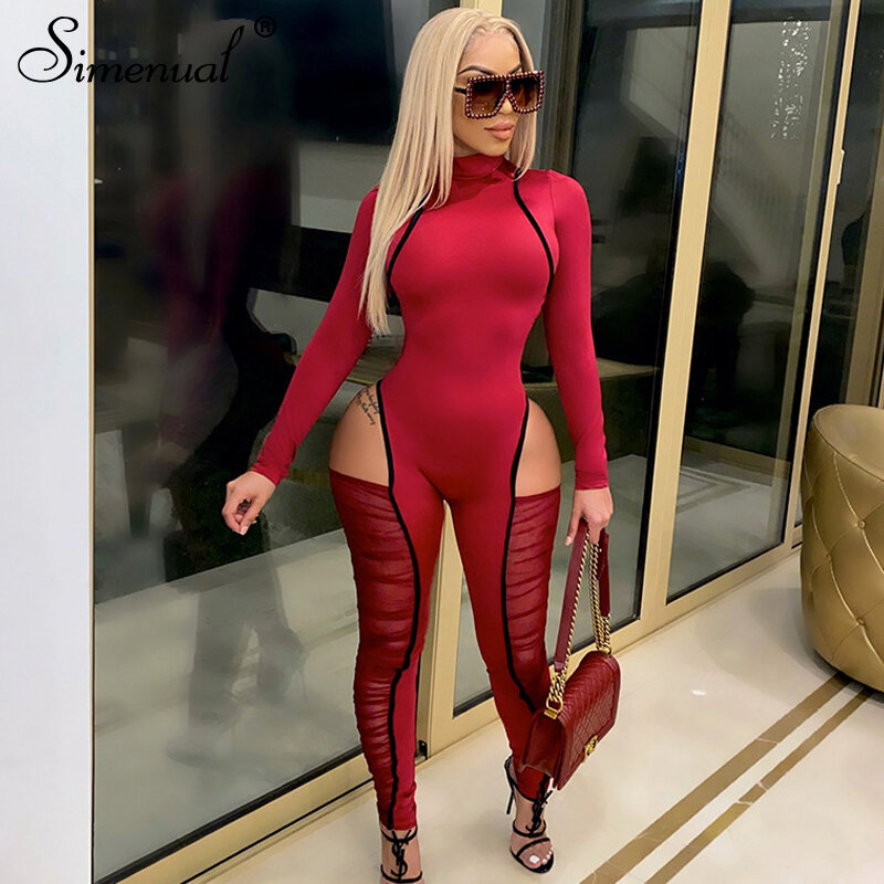 Simenual Mesh Patchwork Ruches Rompertjes Womens Jumpsuit Mock Hals Lange Mouw Sportief Bodycon Hollow Out Gestapeld Jumpsuits Workout