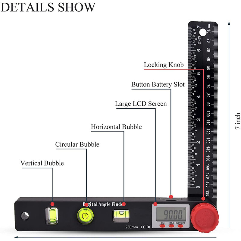 Medidor de ângulo digital 4 em 1, ferramenta de medição com display led, transferidor de ângulo de 7 polegadas 0-360 °