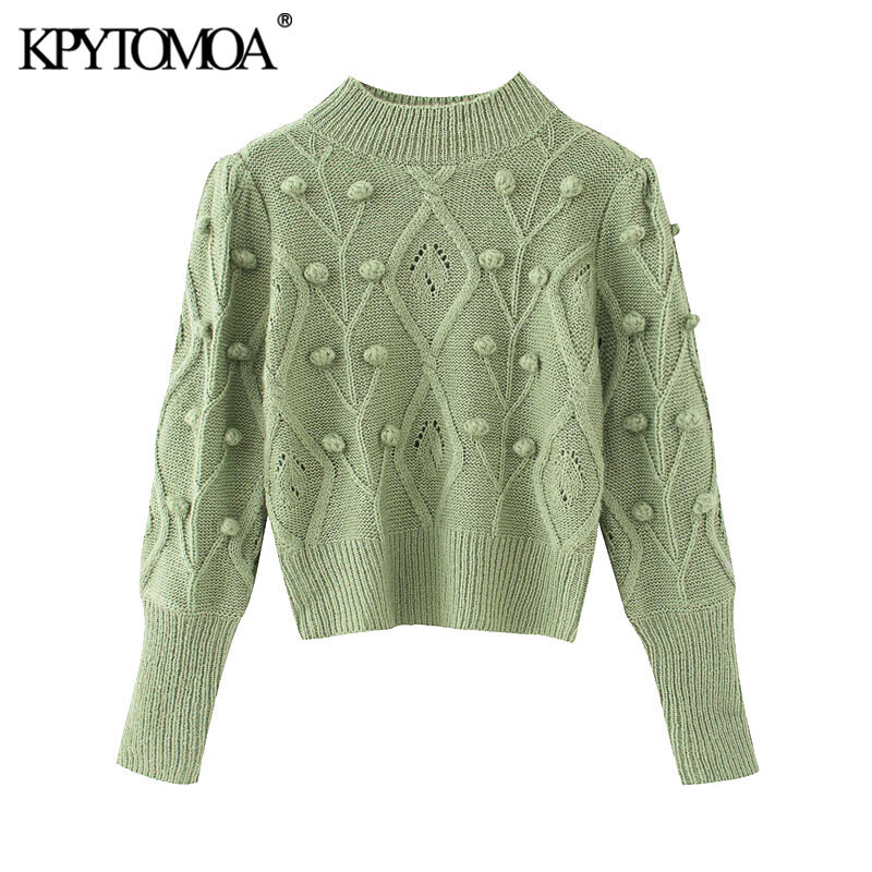 KPYTOMOA Women 2020 Fashion With Ball Cropped Knitted Sweater Vintage O Neck Long Sleeve Female Pullovers Chic Tops
