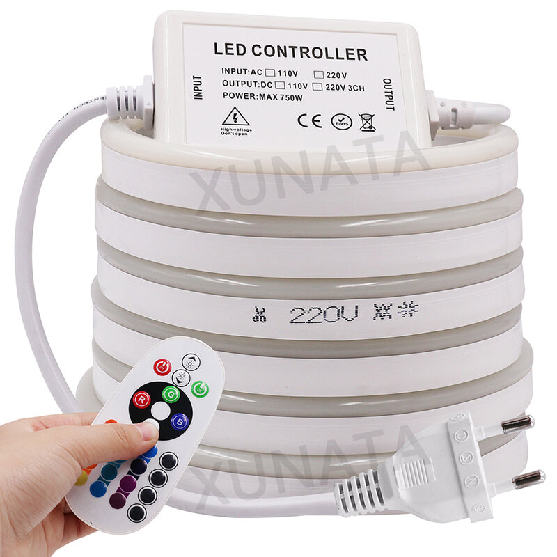 Tira de luces LED de neón, cinta Flexible RGB de 220V con Control remoto táctil completo, 5050 120 LED, resistente al agua, señal de neón, cuerda, lámpara de la UE