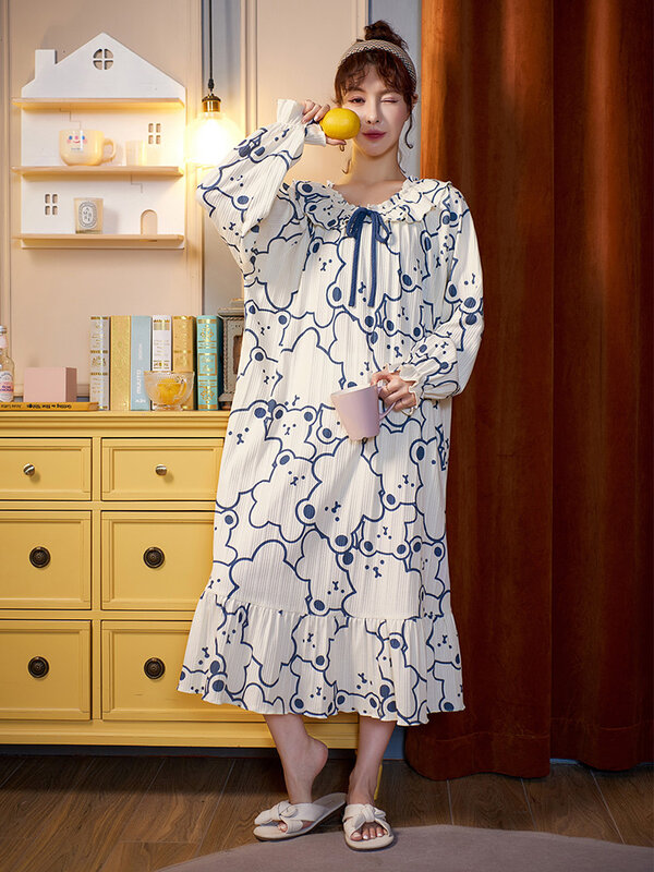 Pyjama coréen ours en coton pur pour femmes, manches longues, fin, chemise de nuit, grande taille, nouvelle collection printemps automne 2021