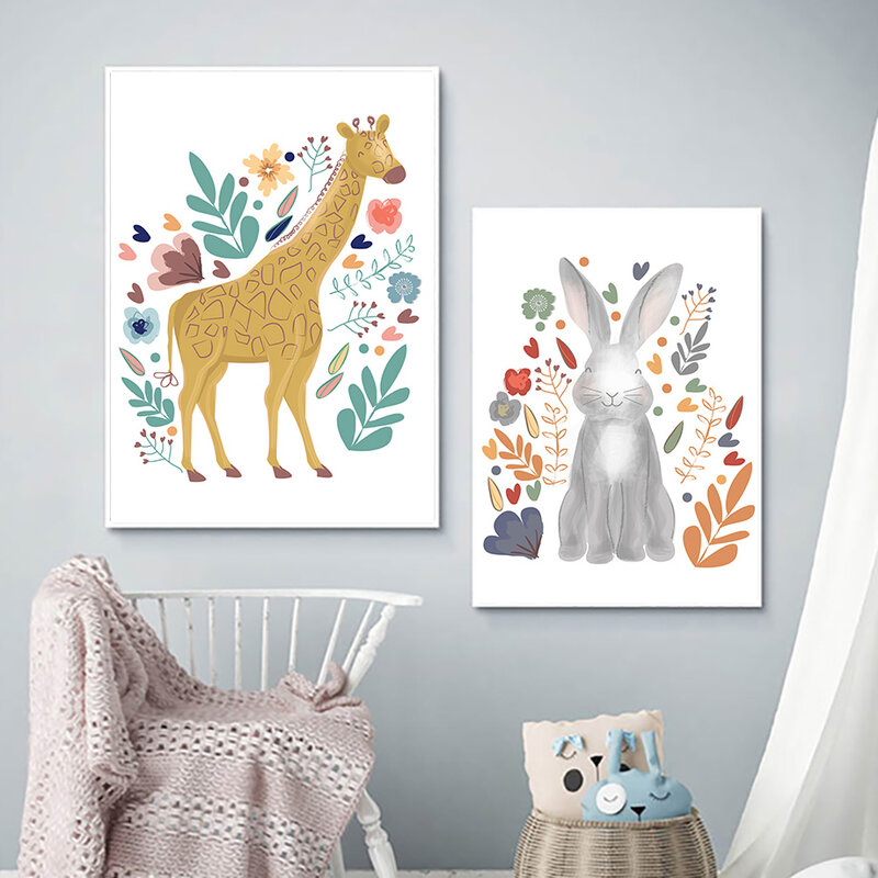 Giraffe Zebra Bear Elephant Rabbit Animas Cute Wall Art Canvas Painting Nordic Posters And Prints Pictures Kids Baby Room Decor