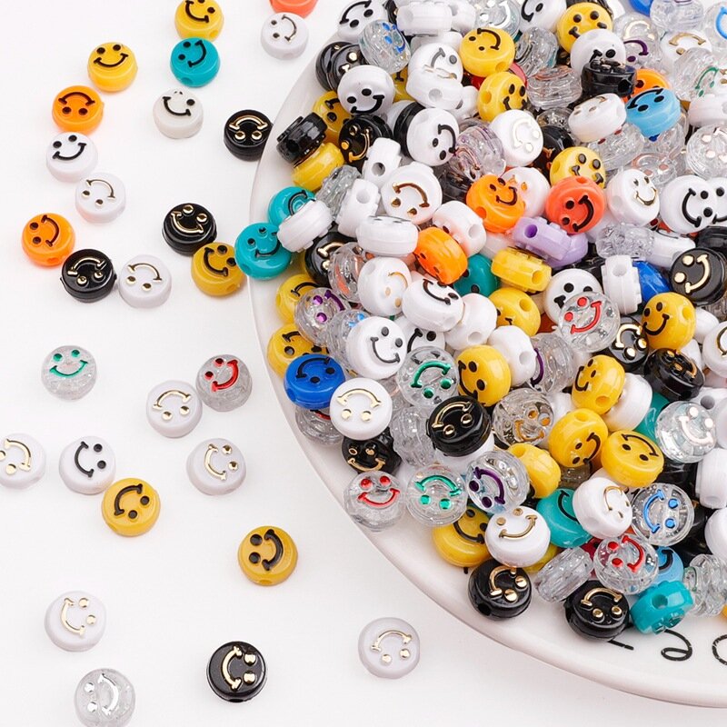 Perles rondes et plates en acrylique, 50 pièces avec visage souriant, fabrication de bracelets faits à la main, accessoires, vente en gros