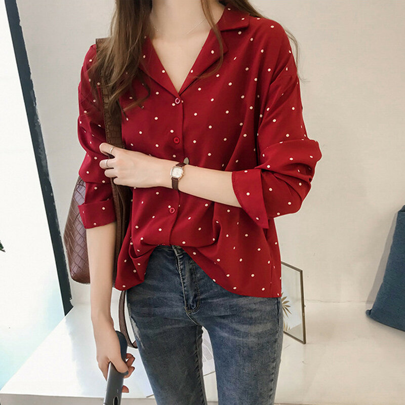 Mode Vrouw Shirt Vonda Casual Lange Mouw Polka Dot Turn-Down Kraag Casual Tops Knop Shirts Blusa Mujer Рубашка женская