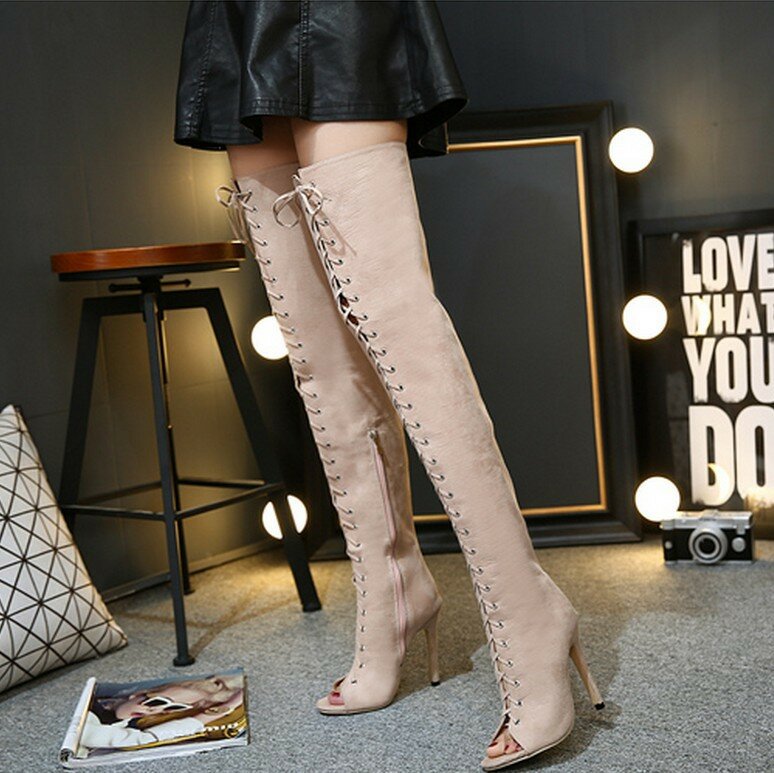 ribbon lace up thigh high boots, open toe cut out strappy gladiator heels, summer booties ladies cuissardes over the knee boots