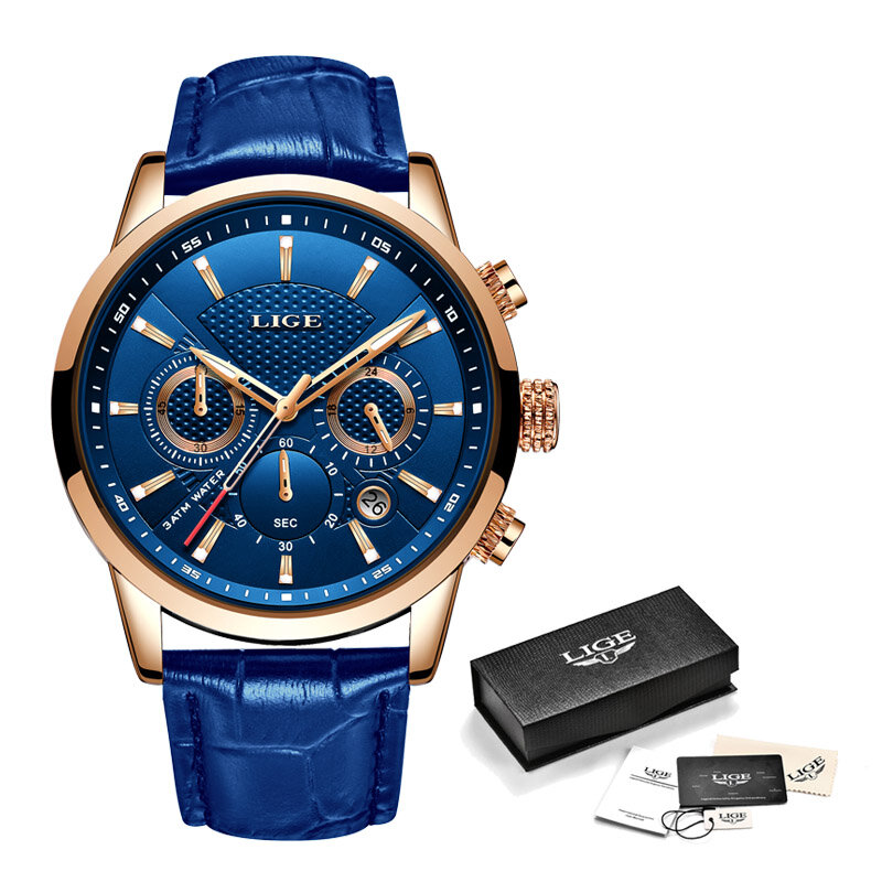 2022นาฬิกาผู้ชาย LIGE แบรนด์หนังสีฟ้า Chronograph กีฬากันน้ำอัตโนมัติวันที่นาฬิกาควอตซ์นาฬิกา Mens Relogio Masculino