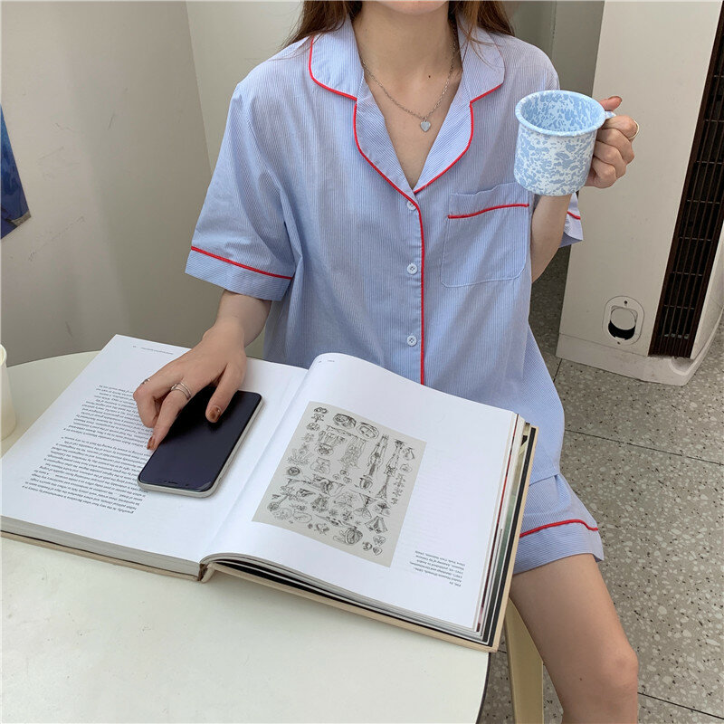 Xiali Koreanische Ins Sommer Revers Rand-Abgedeckt Knopfleiste Frische Striped Short-Ärmeln Shorts Thin Pyjamas Homewear