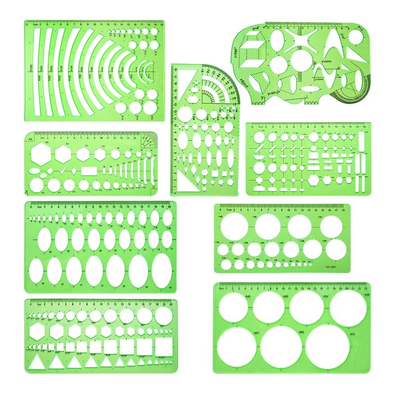 Règles de mesure géométriques en plastique, dessins, modèles, fournitures scolaires et de bureau, vert clair, 9 pièces