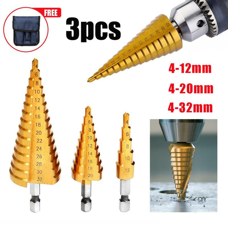 3 Pcs 4-12/4-20/4-32 Large Step Titanium Cone Drill Hole Cutter Bit HSS Set Tool With Pouch
