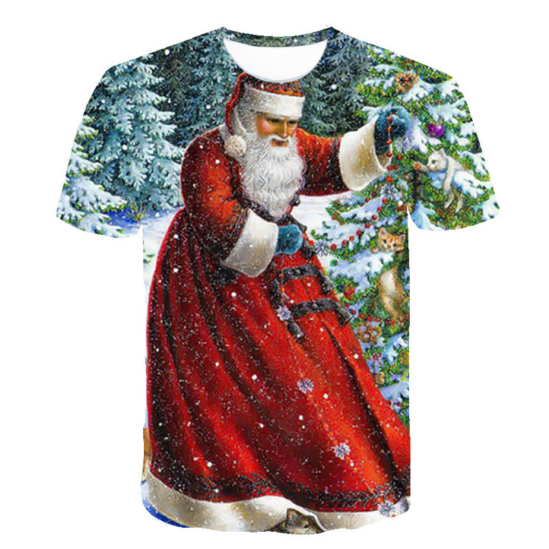 Kaus Natal Musim Panas Baru 2021 Kaus Gambar 3D Atasan Kaus Remaja Fashion Lengan Pendek Kasual Santa Claus Pria Ukuran Besar