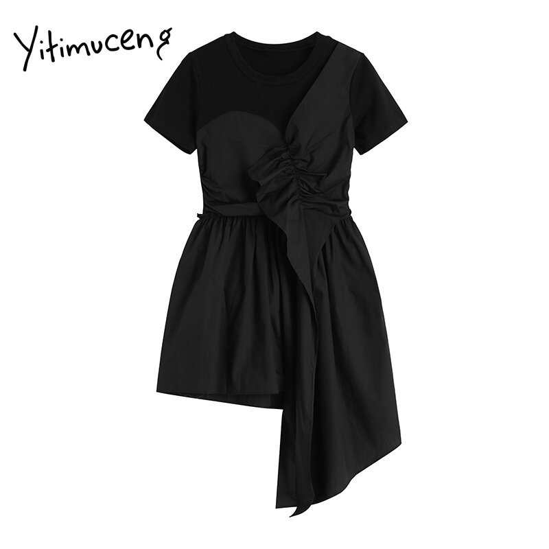 Yitimuceng irregular falso 2 peças vestidos femininos verão babados cintura alta o pescoço branco preto 2021 coreano moda nova sundress