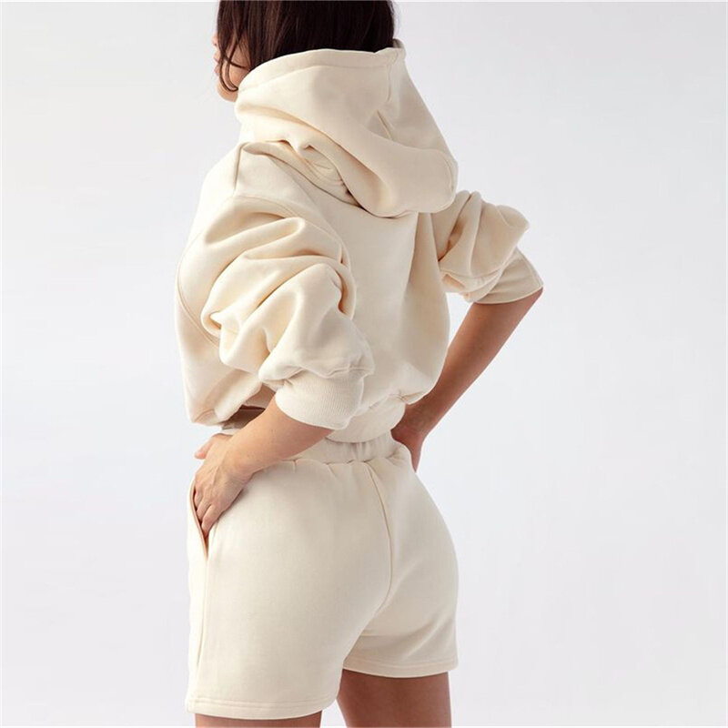 Sudadera con capucha y pantalones cortos para mujer, chándal holgado de 2 piezas, con cordón, informal, Primavera, 2021