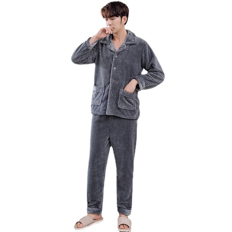 Pijamas de lana Coral para hombre, conjunto de 2 piezas, de terciopelo grueso y cálido, franela, servicio a domicilio, Otoño e Invierno