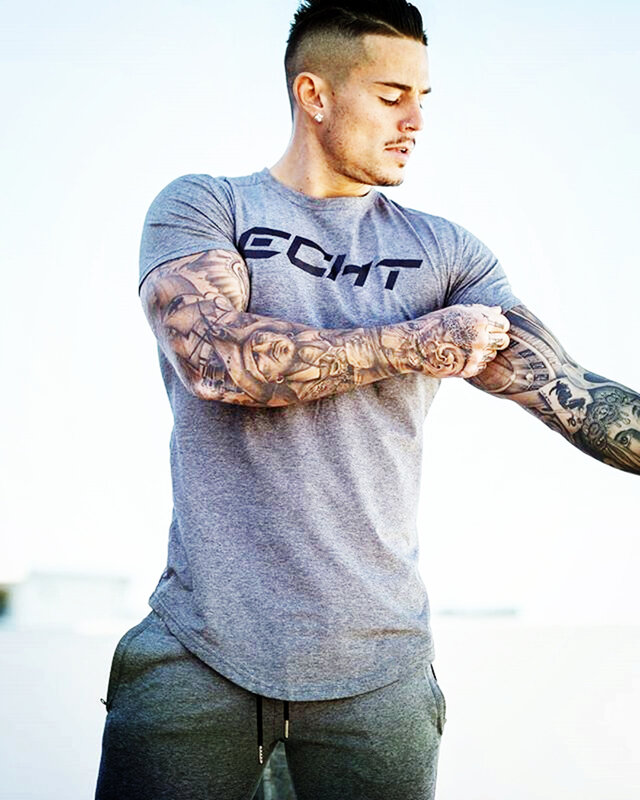 T-shirt homme en coton respirant, décontracté, à la mode, avec créatif imprimé, pour Fitness et gym, été 2019
