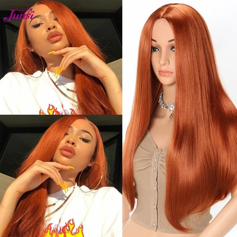 JUNSI capelli lunghi capelli lisci parrucca rossa acconciatura afroamericana parrucche sintetiche per donna capelli neri naturali ad alta temperatura