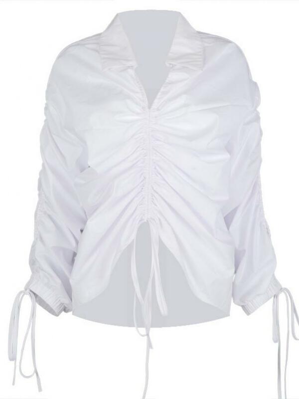 Camiseta blanca con manga larga para mujer, Top plisado de Color puro para verano y otoño