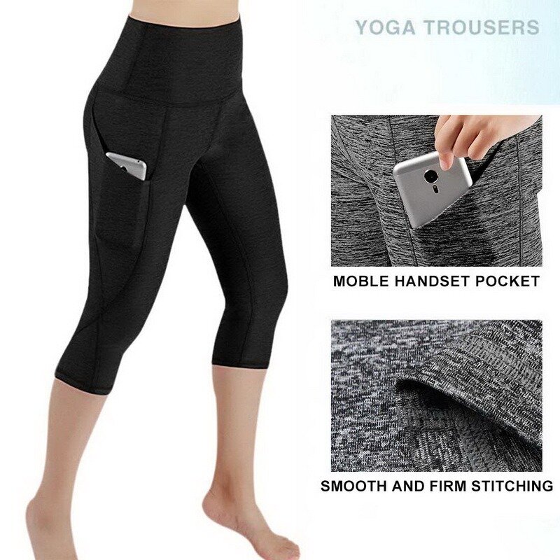 3/4 calças de yoga das mulheres calças de comprimento da panturrilha capri calças esportivas leggings de fitness yoga gym cintura alta leggins preto transporte da gota