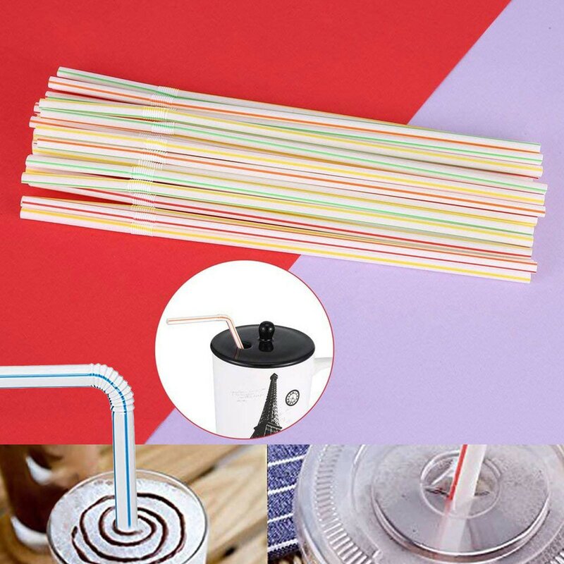 500Pcs Disposable Plastic Drinking Straws Multi-Color Striped Bendable Elbow Beverage Straws Birthday Celebration Party Supplies