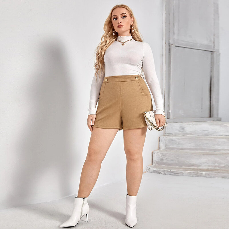 Pantalones cortos de algodón para mujer, Bermudas de talla grande 4XL, color caqui, con botones ajustables, de cintura alta, estilo Harajuku, piernas anchas, novedad de verano de 2021