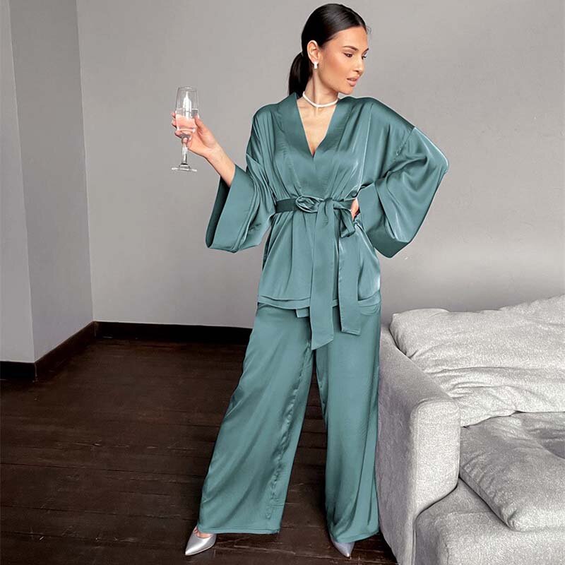 Satin Robes Pajamas Set with Sashes Women Casual Sleepwear 2 Piece Sets Solid Long Sleeve Tops Loose Pants Female Home Suits