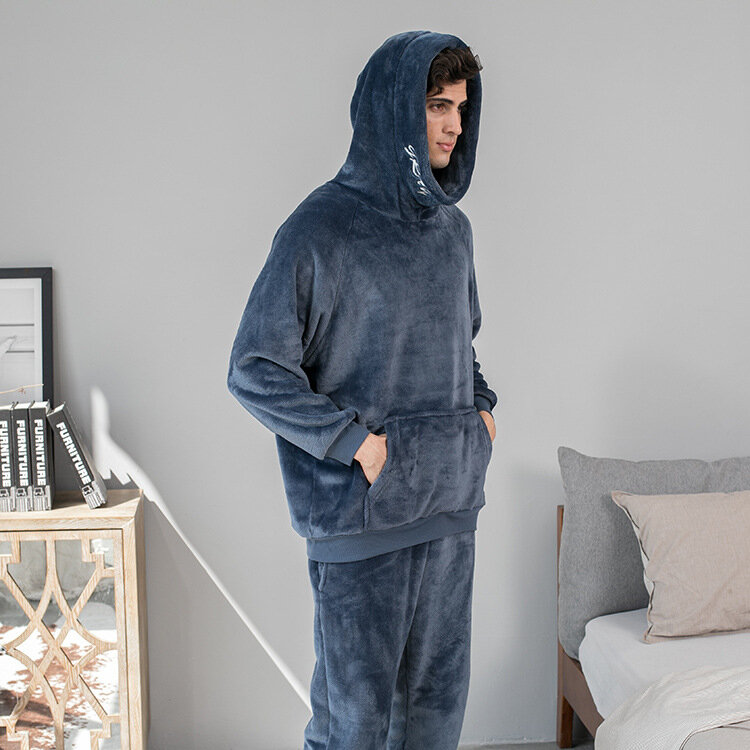 Pijama holgado de franela para Hombre, ropa de dormir informal con capucha, de terciopelo, para invierno, traje de dos piezas