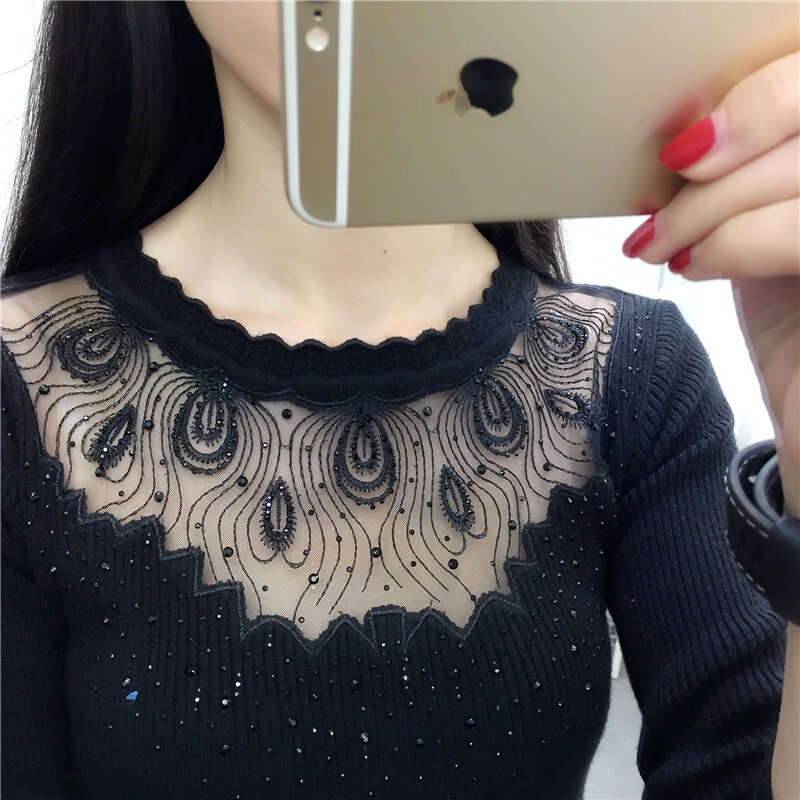 2020 Lace wave O-Neck Autumn pullovers Sexy Hollow out winter Bodycon sweater Ladies White elasticity Diamond Long Sleeve Jumper