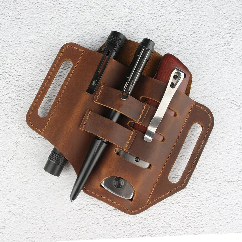 Wesleco-Funda de cuero genuino para cinturón de herramientas EDC, funda multiusos para linterna, bolígrafo, cuchillo