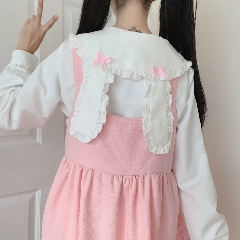 اليابان الخريف لوليتا تأثيري لولي القوس آذان أرنب قميص الحلو لينة فتاة Kawaii الملابس أكمام الكشكشة الحمالات فستان