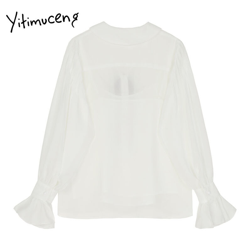Yitimuceng-Blusa de encaje con lazo para mujer, camisa de manga acampanada con botones, lisa, blanca, moda coreana, Tops con cuello vuelto, primavera 2021