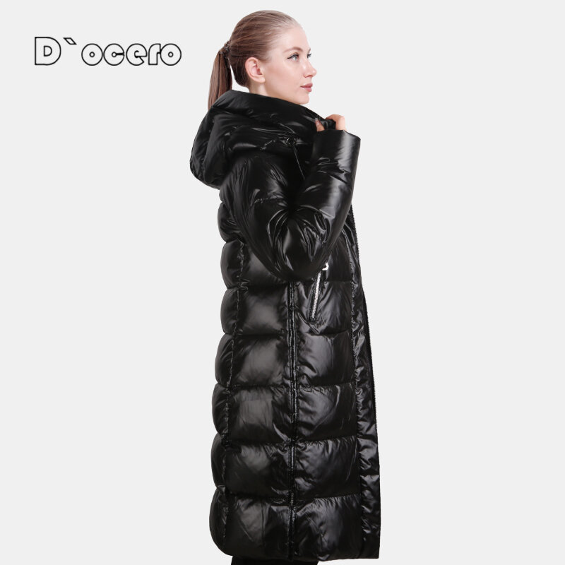 D'OCERO 2021 nowe zimowe parki kobiety Oversize z bawełny czarny kobiet dół kurtki ciepłe luksusowe pikowane płaszcze z kapturem długa odzież wierzchnia