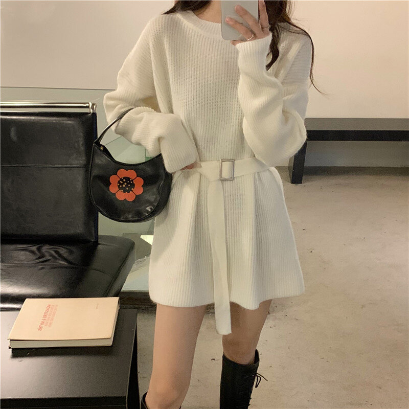 Korean Fashion Loose Padded Sweater Women Autumn/winter 2021 New Belt Knit Sweater Outer Wear Mid-length Ladies Warm Sweater Top
