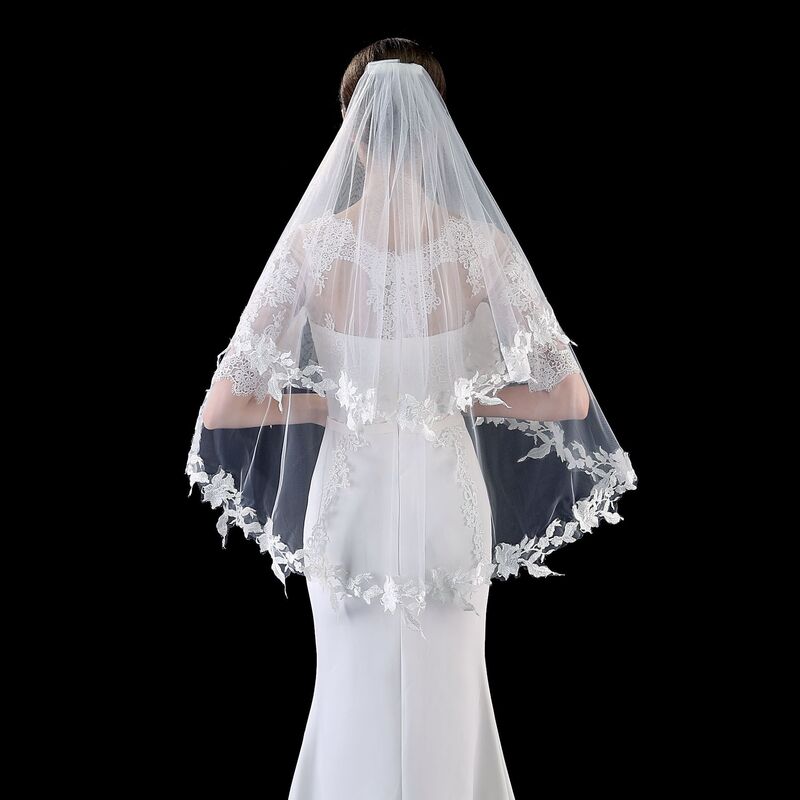 Véu elegante do casamento com borda appliqued marfim acessórios do casamento da princesa véus de noiva do casamento