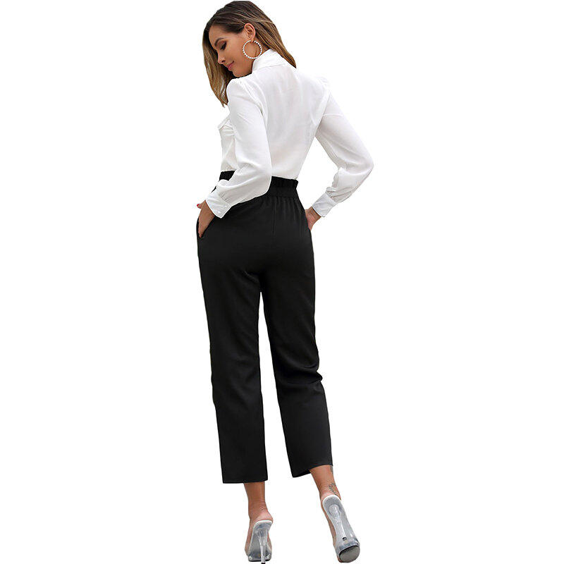 JYSS autumn black straight pants women lady elastic waist streetwear button lady black trousers female girl 50105