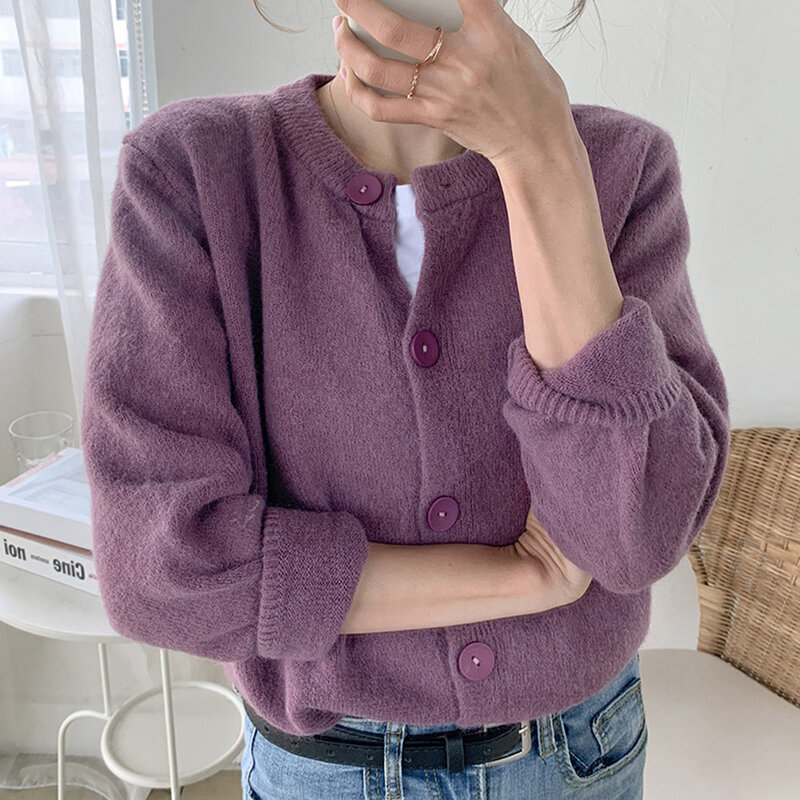 Fioletowy sweter dziergany sweter damski 2021 wiosenny i jesienny nowy okrągły dekolt z długim rękawem jednorzędowy jednokolorowy koreański fason