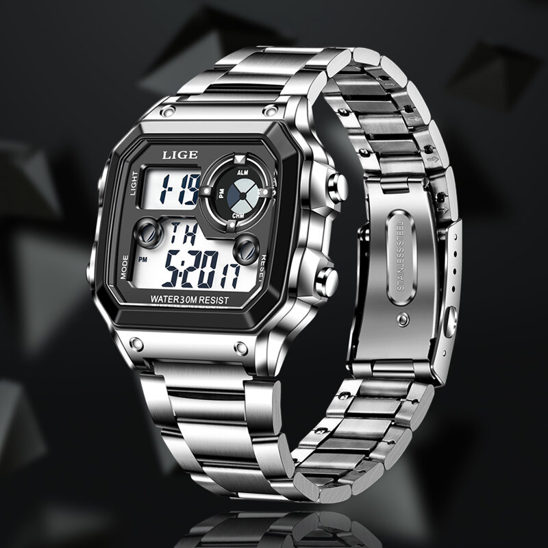 LIGE-최고 럭셔리 패션 스포츠 시계, 남자 3 바 방수 스톱워치, 남자 디지털 손목 시계, 스테인레스 스틸 스트랩 디지털 시계