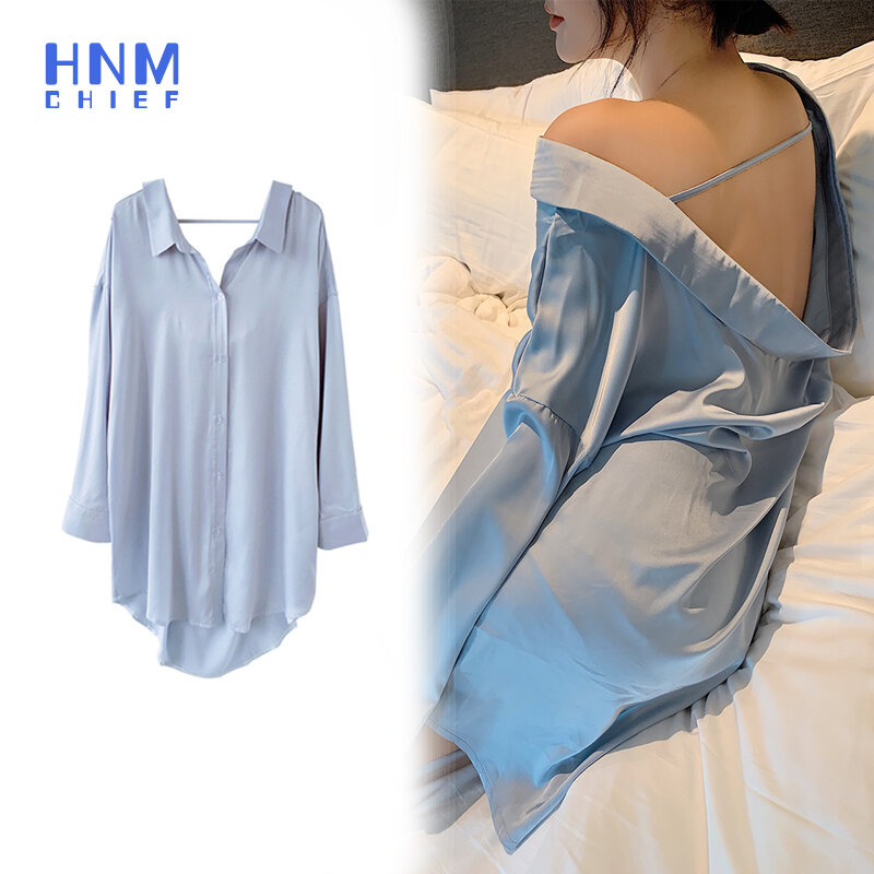 HNMCHIEF niebieski Sexy Backless Sleepshirts kobiety przycisk bielizna sukienka z długim rękawem bluzka szata Femme satyna jedwabna bielizna nocna