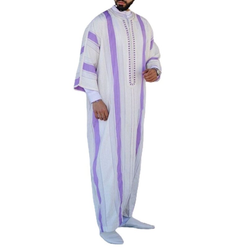 Men's Long Dress Fashion Ethnic Style Striped Dubai Gown Shirt for Evening Party L41B