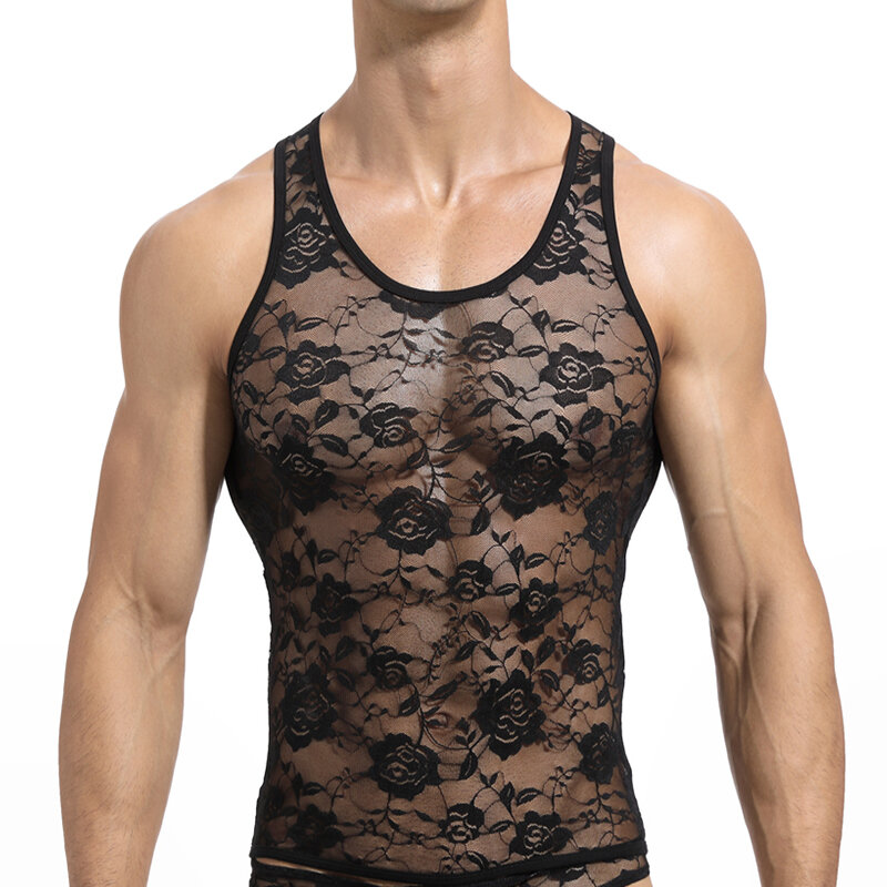 Chaleco Sexy para hombre, camisetas sin mangas transpirables con estampado de rosas de encaje, camiseta Gay de malla, sin mangas, 2021