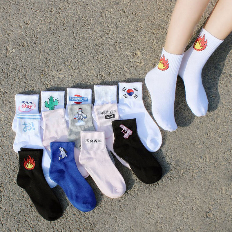 Socks Harajuku Men Sport Socks Alien Flame Daily Cactus Kitten Cotton Fashion Women Students Socks Soft