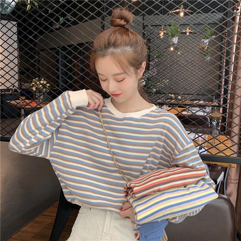 Women Autumn Spring Sweater Pull Femme Jersey Mujer Pullover Stripes Print Loose Long Sleeved Round Collar Wholesale