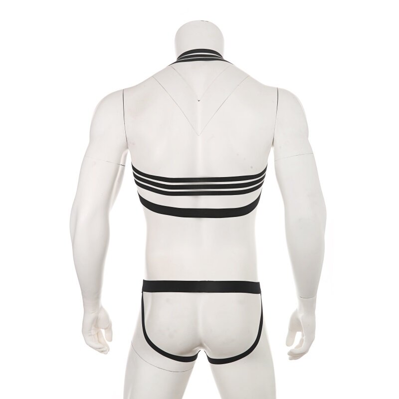 Sexy lingerie masculina conjunto de arnês exótico elástico alças de ombro homens malha tanga g string hombre fetiche bondage traje roupa interior