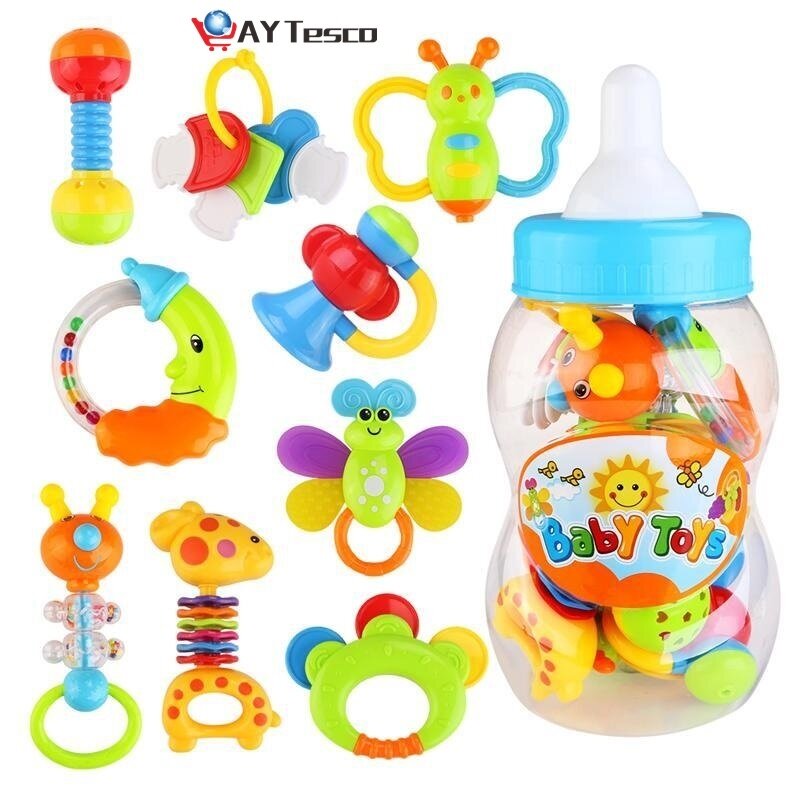 9Pcs Baby 'S Eerste Rammelaar En Bijtring Speelgoed Vroege Onderwijs Leren Speelgoed Voor Kinderen Met Giant Melk Fles Greep Kleurrijke speelgoed