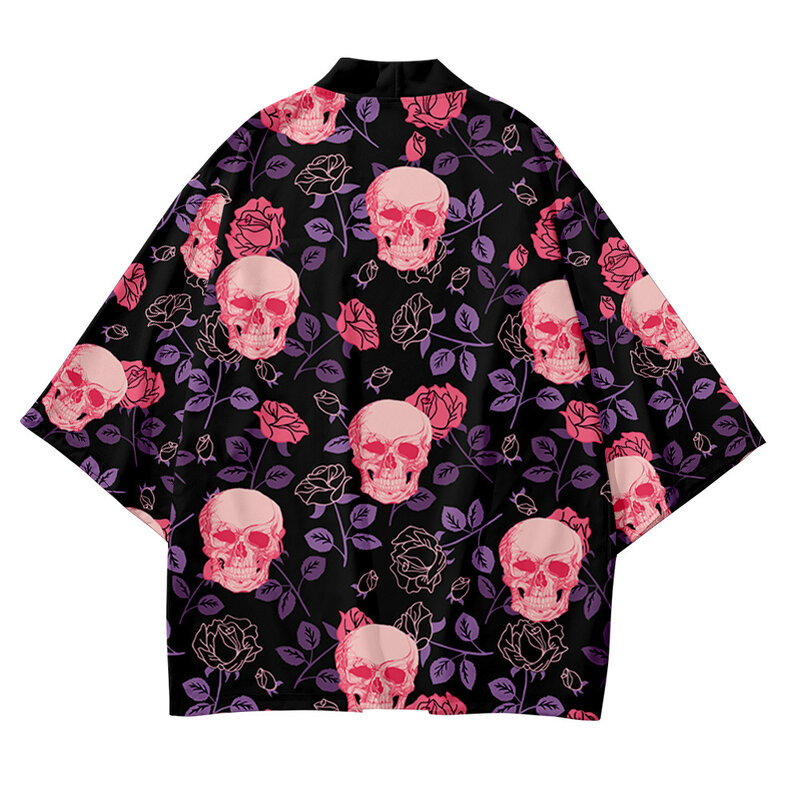 Plus Size 5XL Schedel Rose Mode Strand Japanse Kimono Kimetsu Geen Yaiba Gewaad Vest Mannen Shirts Yukata Haori Vrouwen kleding