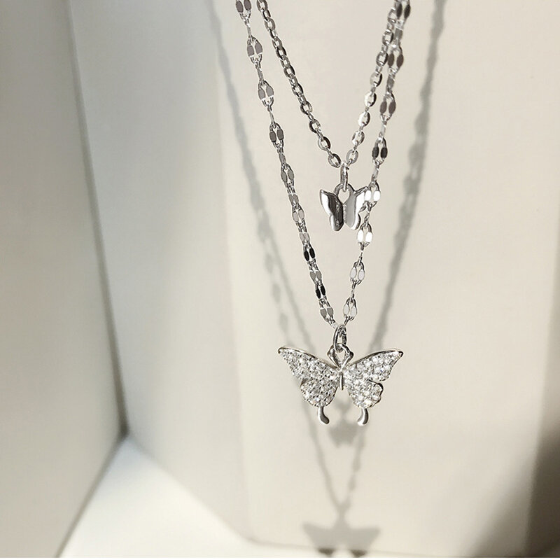 Hkmmh 925 prata esterlina dupla camada borboleta zircão colar 2021 nova luz feminina luxo presente de aniversário elegante jóias